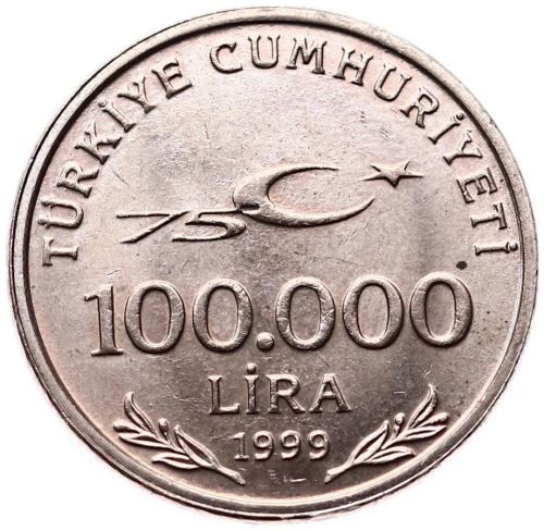 100.000 Lira - Cumhuriyetin 75. Yılı 1999 Ön Yüz
