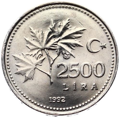 2500 Lira 1992 Ön Yüz