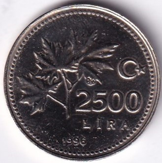 2500 Lira 1996 Ön Yüz