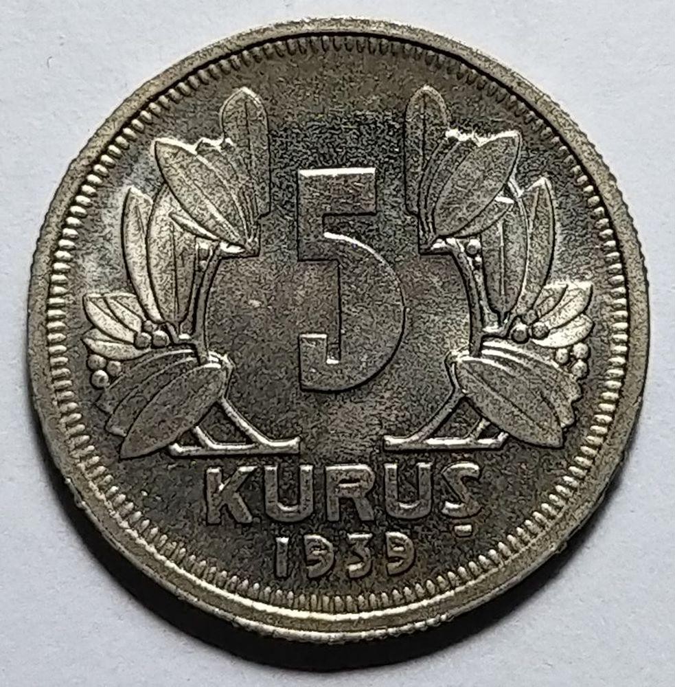 5 Kuruş 1939 Ön Yüz