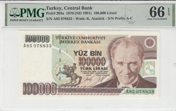 7. Emisyon 1.Tertip 100.000 Türk Lirası  Seri A 85 "ÇİL" PMG 66 EPQ ,SERTİFİKALI