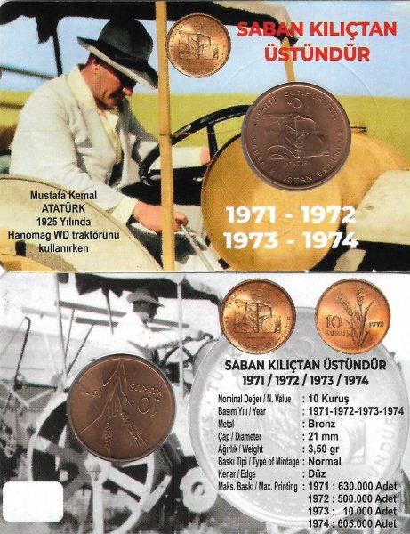 10 Kuruş 1971 YILI FAO Saban Kılıçtan Üstündür Hatıra Para, Özel Açıklamalı Kitinde. "ÇİL"