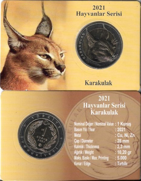 2021 Hayvanlar Serisi Karakulak 1 Kuruş Bimetal Hatıra Para Özel Kitinde ÇİL