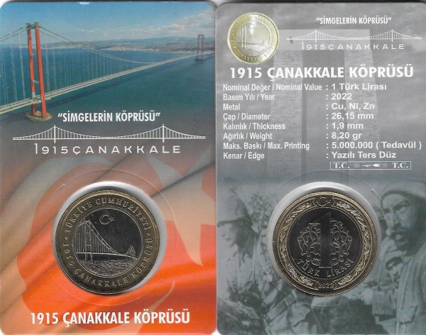 2022 Yılı Çanakkale Köprüsü Hatıra 1 Türk Lirası Özel Kitinde