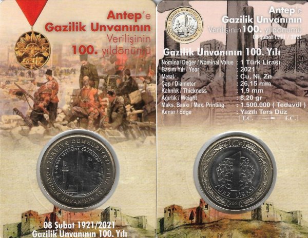 Gaziantep’e Gazilik Ünvanı’nın Verilişi’nin 100. Yıl Dönümü 2021 Yılı 1 Lira Hatıra Para Ve Kiti