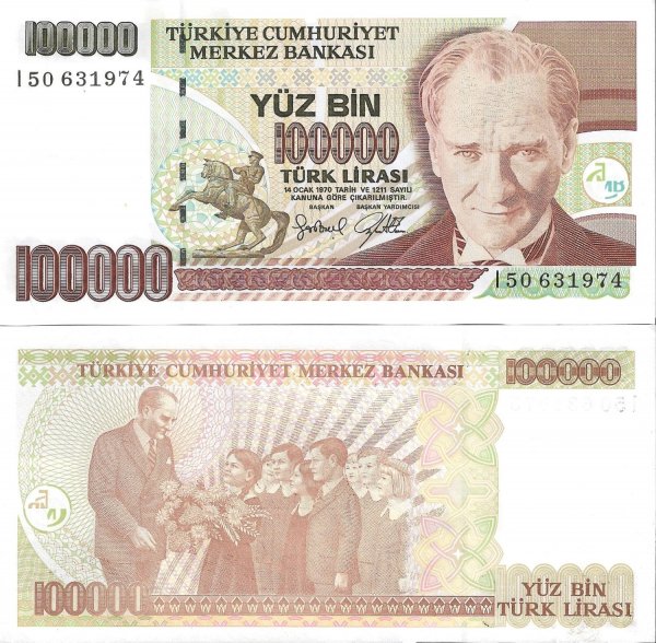 Türkiye 7.Emisyon 100,000 Türk Lirası I Harfi Yerli Kağıt Para ÇİL (Unc) Koleksiyon Para