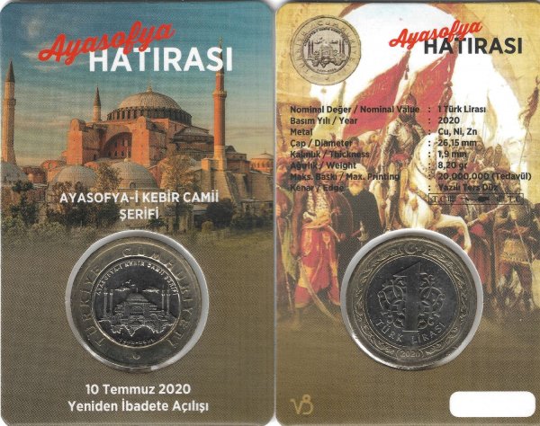 Ayasofya-i Kebir Camii Şerifi Yeniden İbadete Açılışı 1 Türk Lirası 2020 Hatıra Para Kitinde