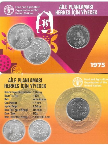 1975 YILI FAO AİLE PLANLAMASI HERKES IÇİN YİYECEK 5 KURUŞ HATIRA PARA ÖZEL KİTİNDE