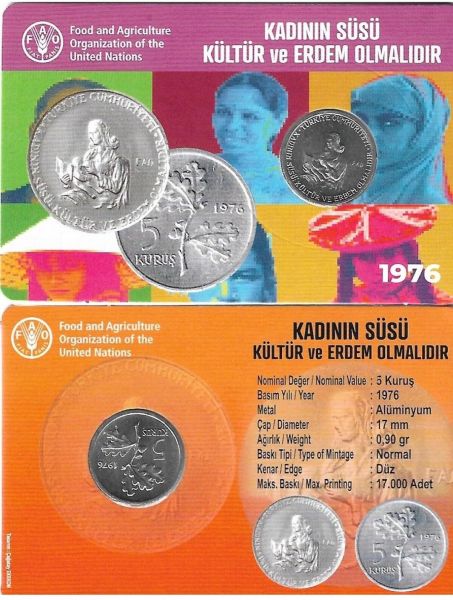 1976 YILI FAO KADININ SÜSÜ KÜLTÜR VE ERDEM OLMALIDIR 5 KURUŞ ALÜMİNYUM ÖZEL KİTİNDE ÇİL