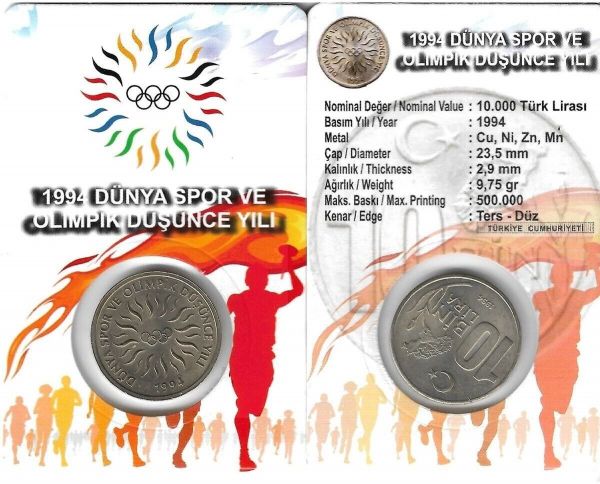 1994 YILI FAO DÜNYA SPOR VE OLİMPİK DÜŞÜNCE YILI 10 BİN TÜRK LİRASI HATIRA PARA ÖZEL KİTİNDE ÇİL