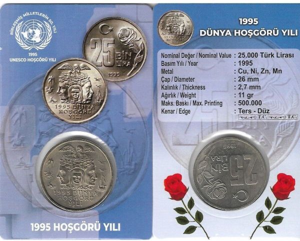 1995 YILI FAO DÜNYA HOŞGÖRÜ YILI 25 BİN TÜRK LİRASI HATIRA PARA ÖZEL KİTİNDE ÇİL