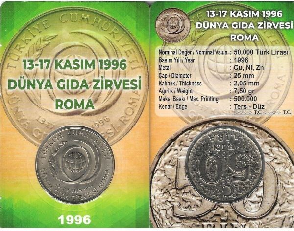 1996 YILI FAO DÜNYA GIDA ZİRVESİ ROMA 50 BİN TÜRK LİRASI HATIRA PARA ÖZEL KİTİNDE ÇİL