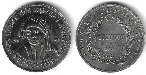 2002 YILI DARPHANE HATIRA YUNUS EMRE NİKEL 1.000.000 LİRA ÇİL