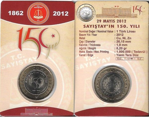 2012 YILI 1 TÜRK LİRASI SAYIŞTAY'IN 150. YILI HATIRA PARA ÖZEL KİTİNDE ÇİL