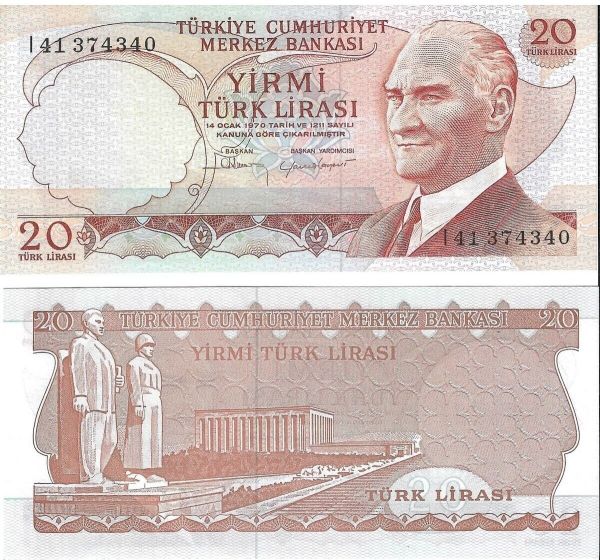 6. EMİSYON 20 TÜRK LİRASI I HARFİ YERLİ KAĞIT PARA ÇİL (UNC) KOLEKSİYON PARA