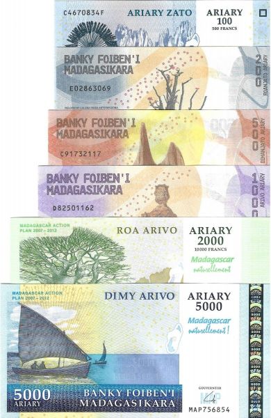 MADAGASKAR SET 100/200/500/1000/2000/5000 YABANCI KAĞIT PARA SETİ ÇİL (UNC) KOLEKSİYON PARA